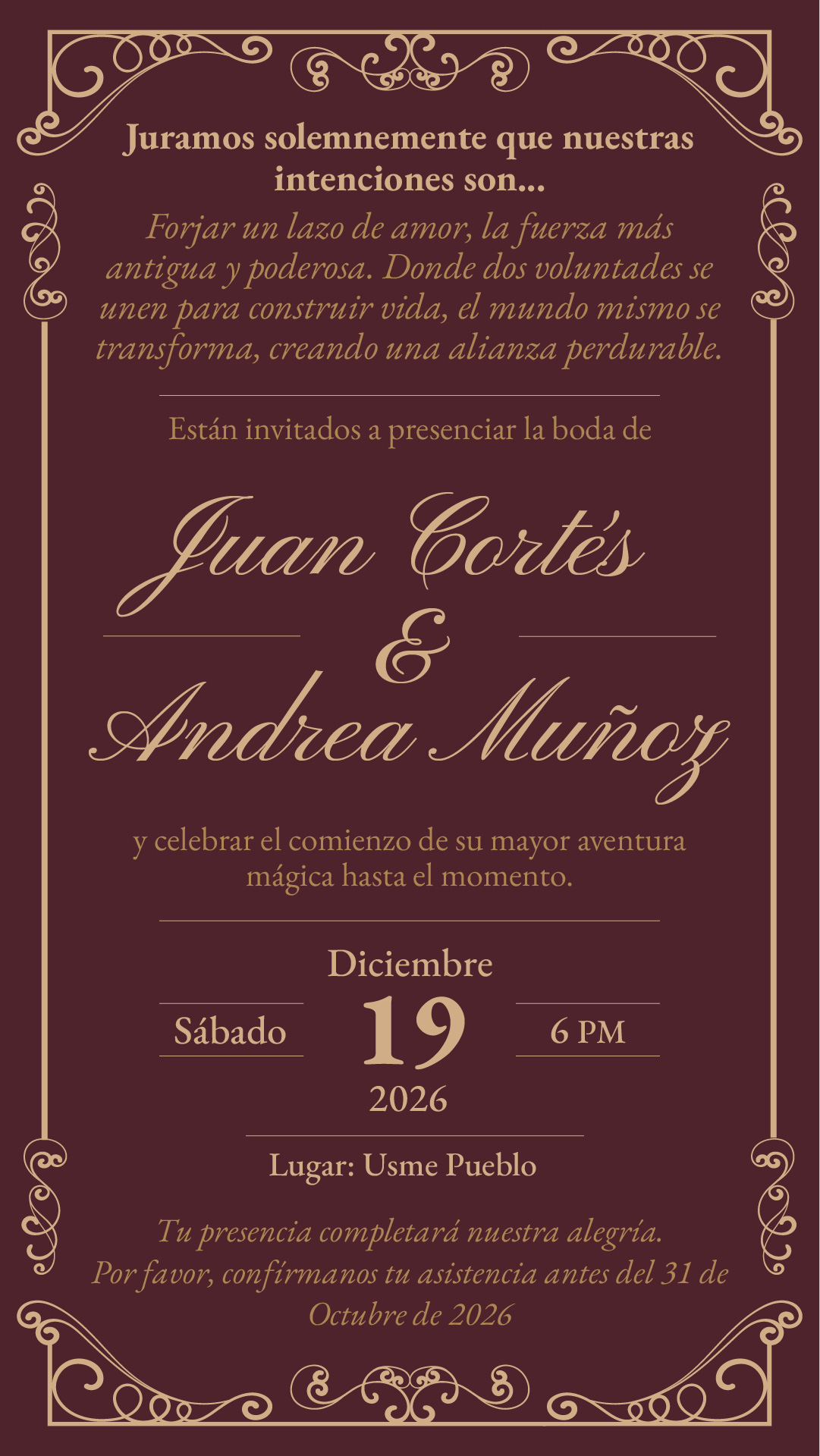 Invitación a la boda de Juan Cortés y Andrea Muñoz, el 19 de diciembre de 2026 en Usme Pueblo